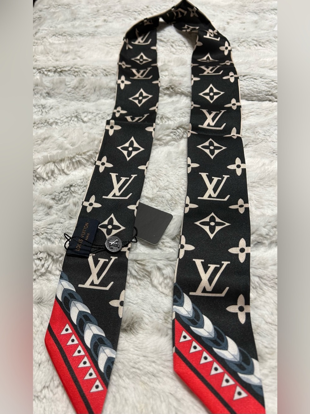 Black, Cream & Red Monogram Silk Twilly